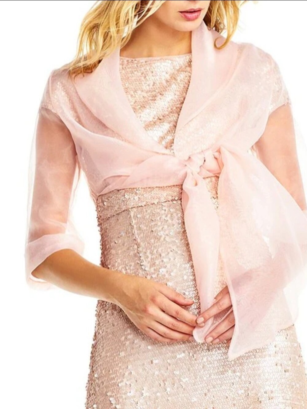 Adrianna Papell Organza 3/4 Sleeve Tie Front Wrap Jacket Bolero Pink Blush 16-18